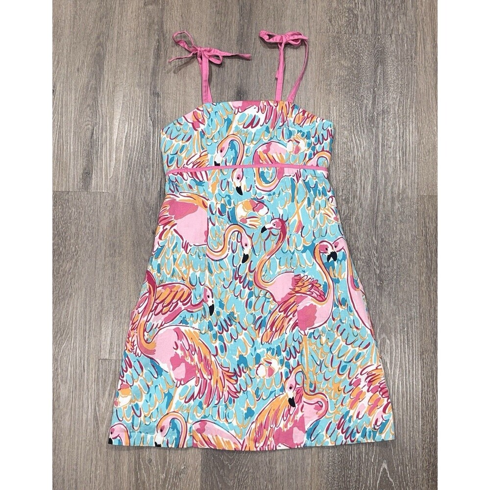 Lilly Pulitzer Dress Girls 8 Blue Pink Flamingo Shift Party